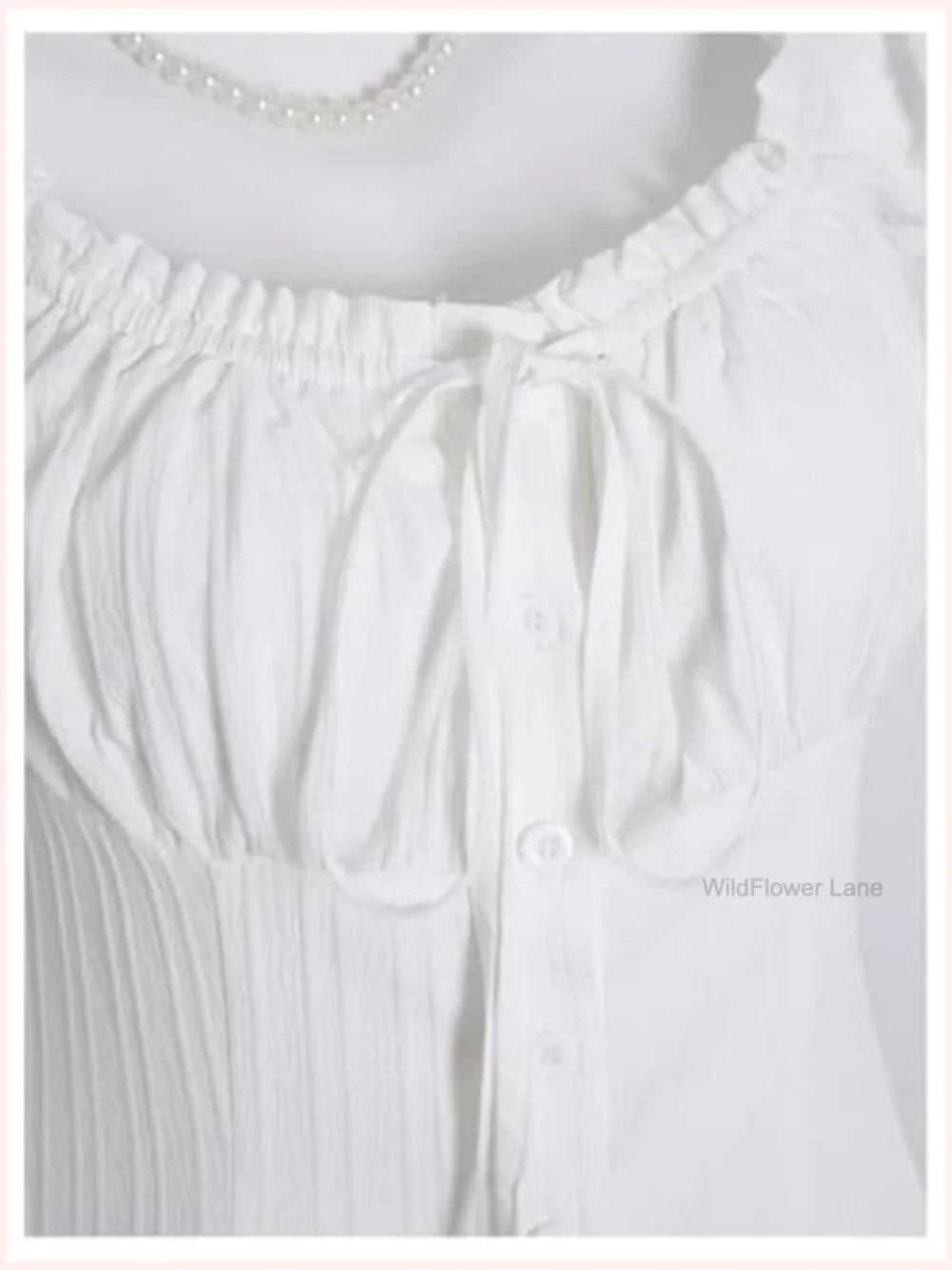Frill Trim Button Down Shirt Puff Sleeve Tie Front Blouse - Picture 4 of 5